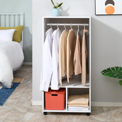 HOMCOM Open Wardrobe on Wheels, Bedroom Wardrobe with Clothes Hanging Rail, 2 Storage Shelves, Mobile Garment Rack for Cloakroom, Hallway, White