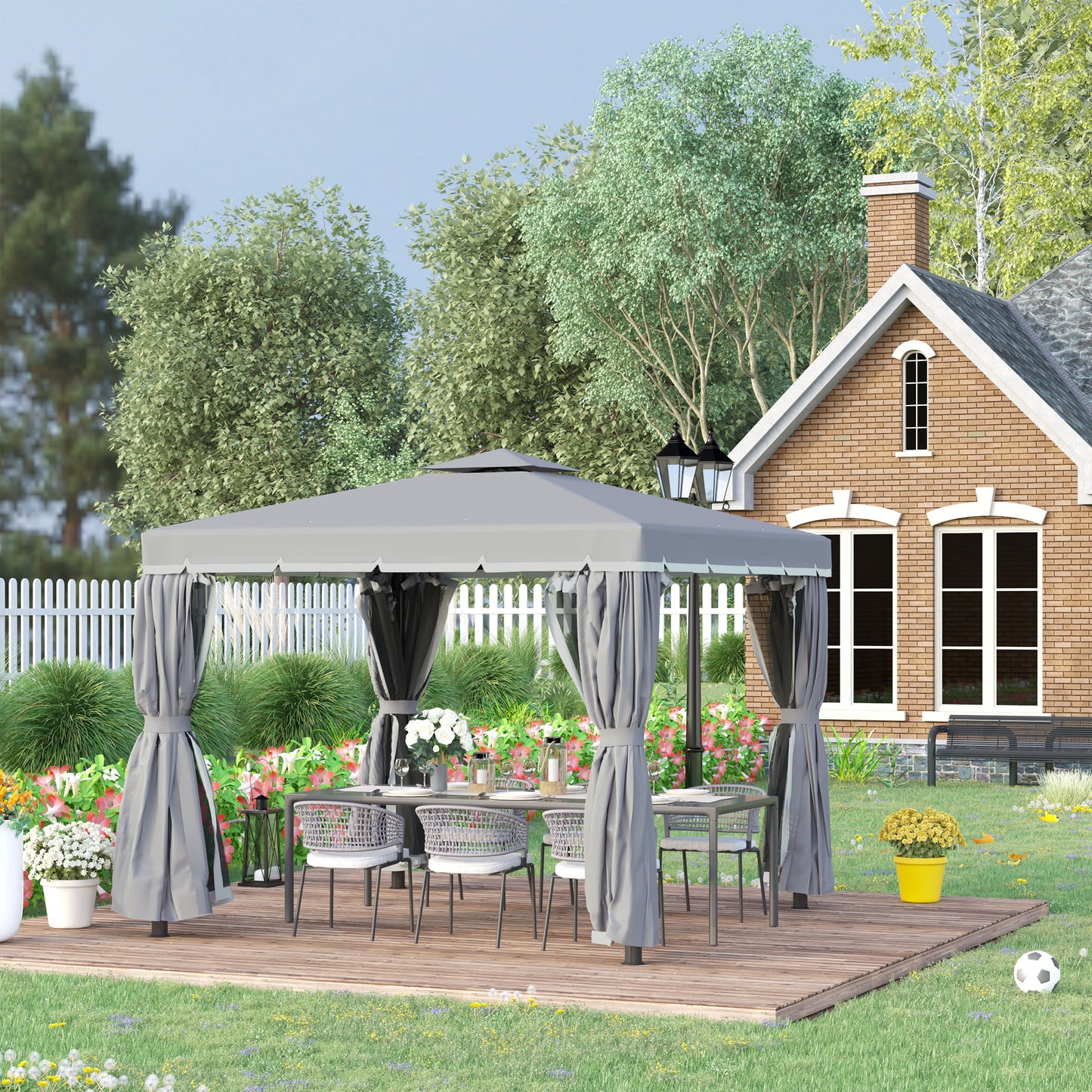 Outsunny 3 x 3(m) Patio Gazebo Canopy Garden Pavilion Tent Shelter Marquee with 2 Tier Water Repellent Roof, Mosquito Netting and Curtains, Aluminium Frame, Dark Grey