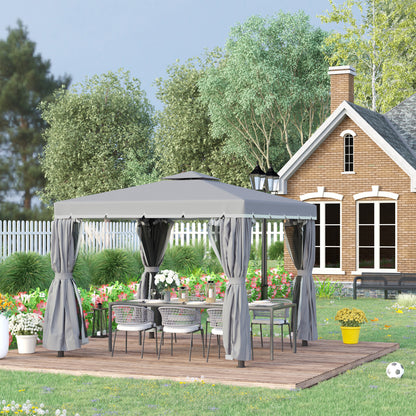 Outsunny 3 x 3(m) Patio Gazebo Canopy Garden Pavilion Tent Shelter Marquee with 2 Tier Water Repellent Roof, Mosquito Netting and Curtains, Aluminium Frame, Dark Grey