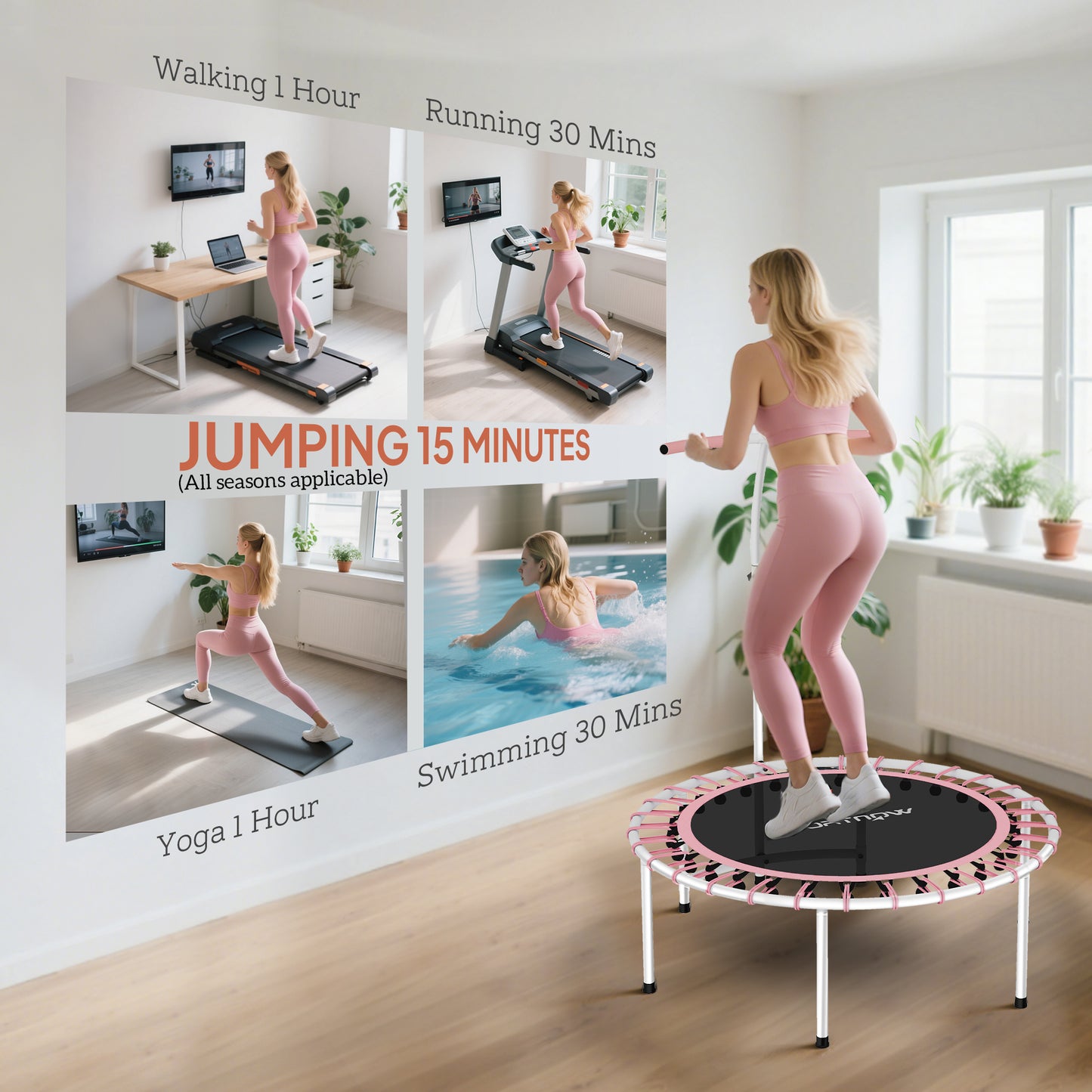 SPORTNOW 40" Fitness Trampoline, Mini Rebounder Trampoline for Adults with 5-Level Adjustable Handle, Indoor Exercise Bungee Rebounder, Max Load 100KG, Pink