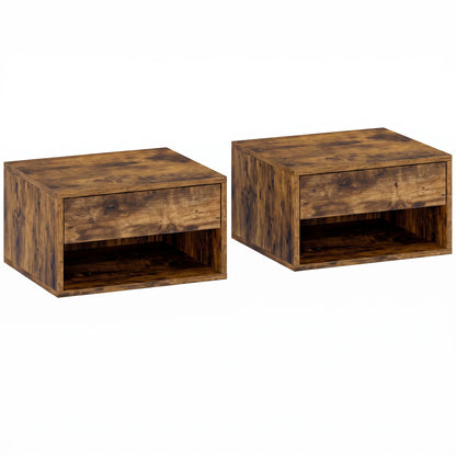 HOMCOM Set of Two Floating Bedside Tables - Rustic Brown