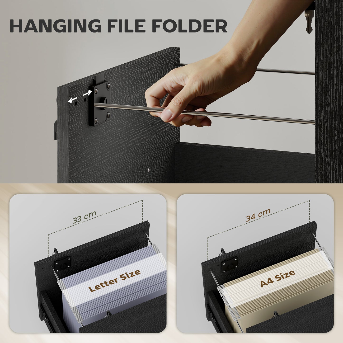 HOMCOM Rolling File Cabinet with 2 Drawers, Mobile Filing Cabinet with Hanging File Folder for Letter Sized Documents, Black