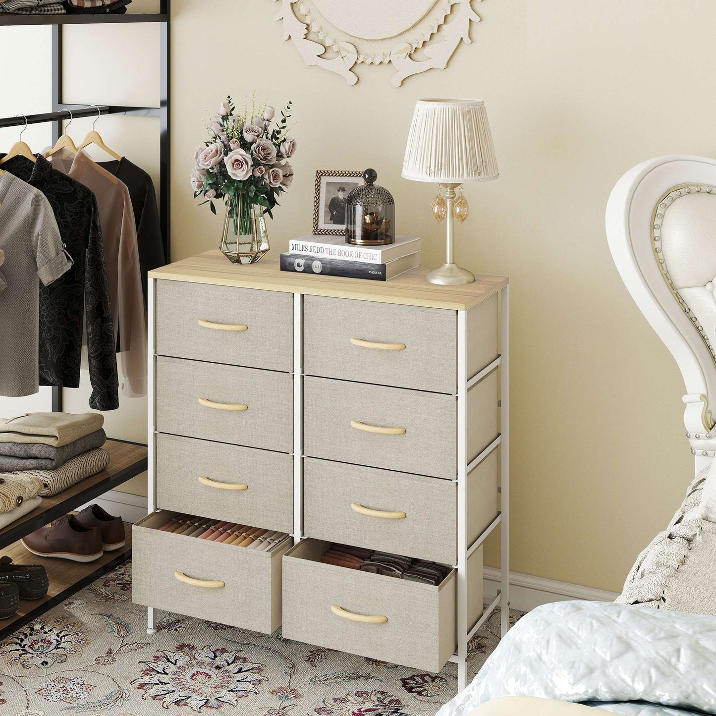HOMCOM Fabric Chest of Drawers, Industrial Bedroom Dresser with 8 Fabric Drawers, Steel Frame and Wooden Top for Nursery, Living Room, Hallway, Maple Wood-effect