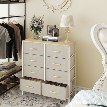HOMCOM Fabric Chest of Drawers, Industrial Bedroom Dresser with 8 Fabric Drawers, Steel Frame and Wooden Top for Nursery, Living Room, Hallway, Maple Wood-effect