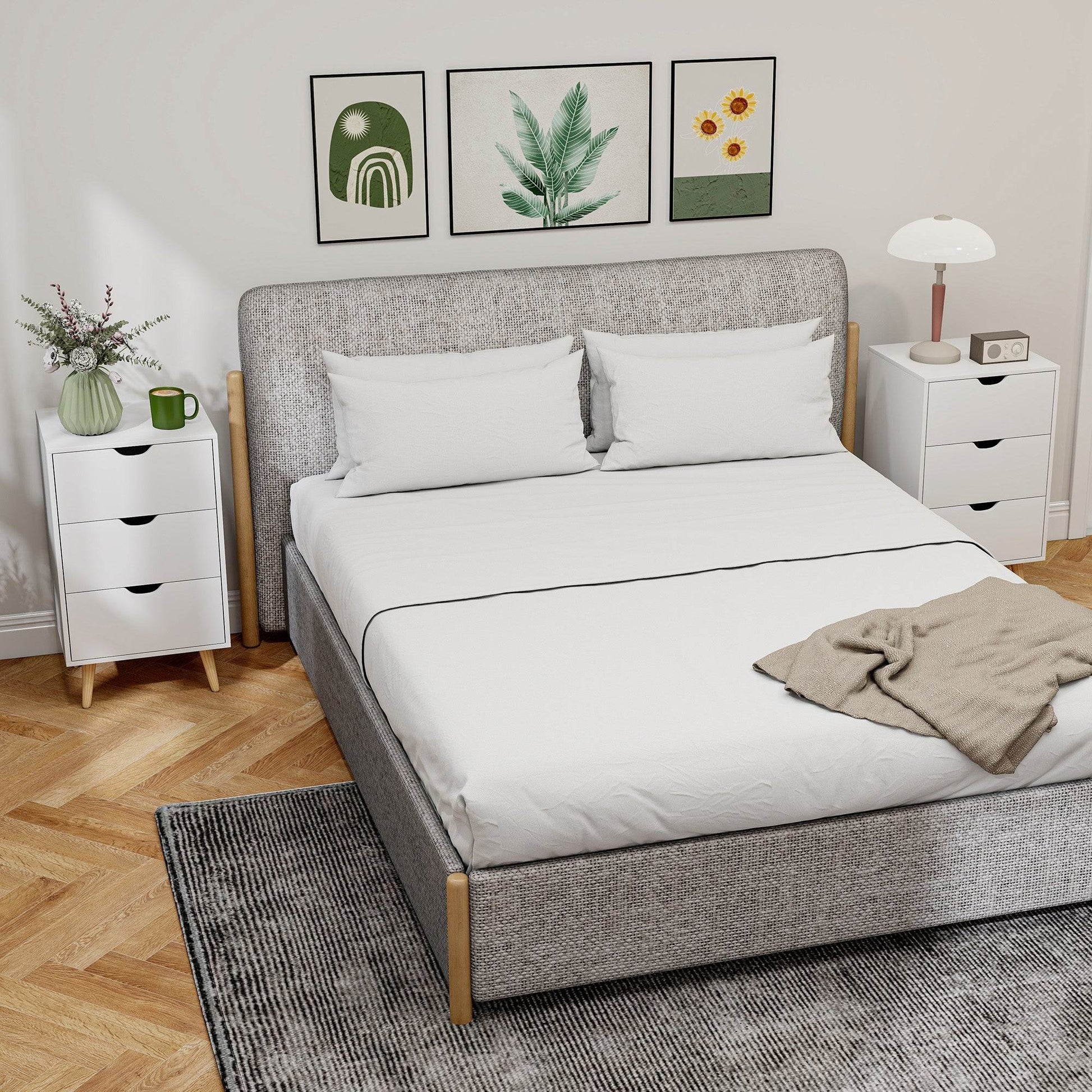 HOMCOM Set of 2 Bedside Tables, Modern Nightstand Side End Table with 3 Storage Drawers and Solid Pine Wood Legs for Bedroom Living Room Entryway, White