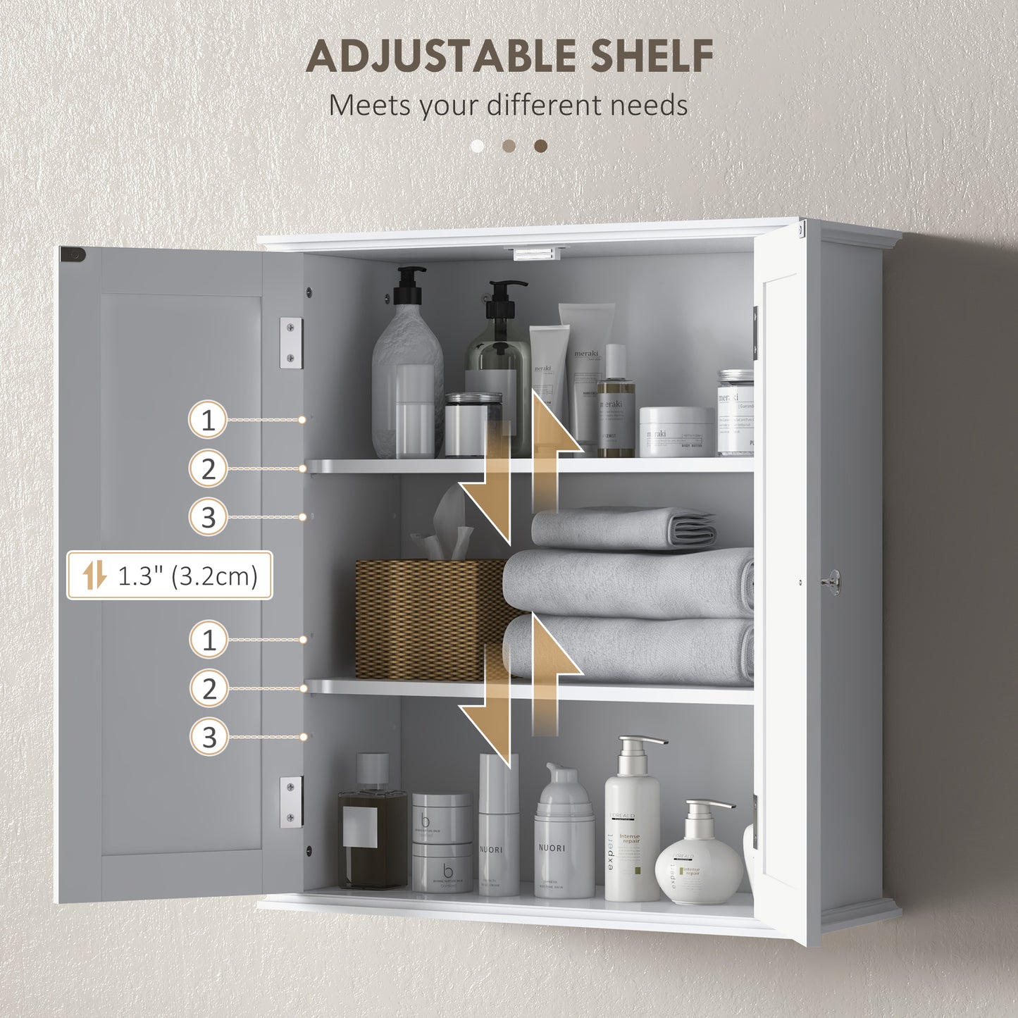 HOMCOM Bathroom Wall Cabinet, 3-Tier Wall-Mounted Bathroom Storage Cabinet with Adjustable Shelf, White