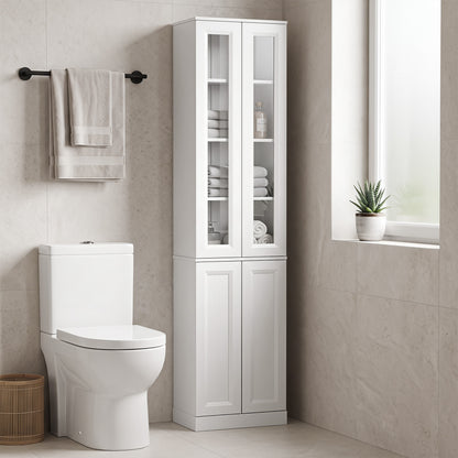 HOMCOM Tall Bathroom Storage Cabinet, 6-Tier Slim Bathroom Cabinet with Adjustable Shelf, 4 Soft-Close Doors, White