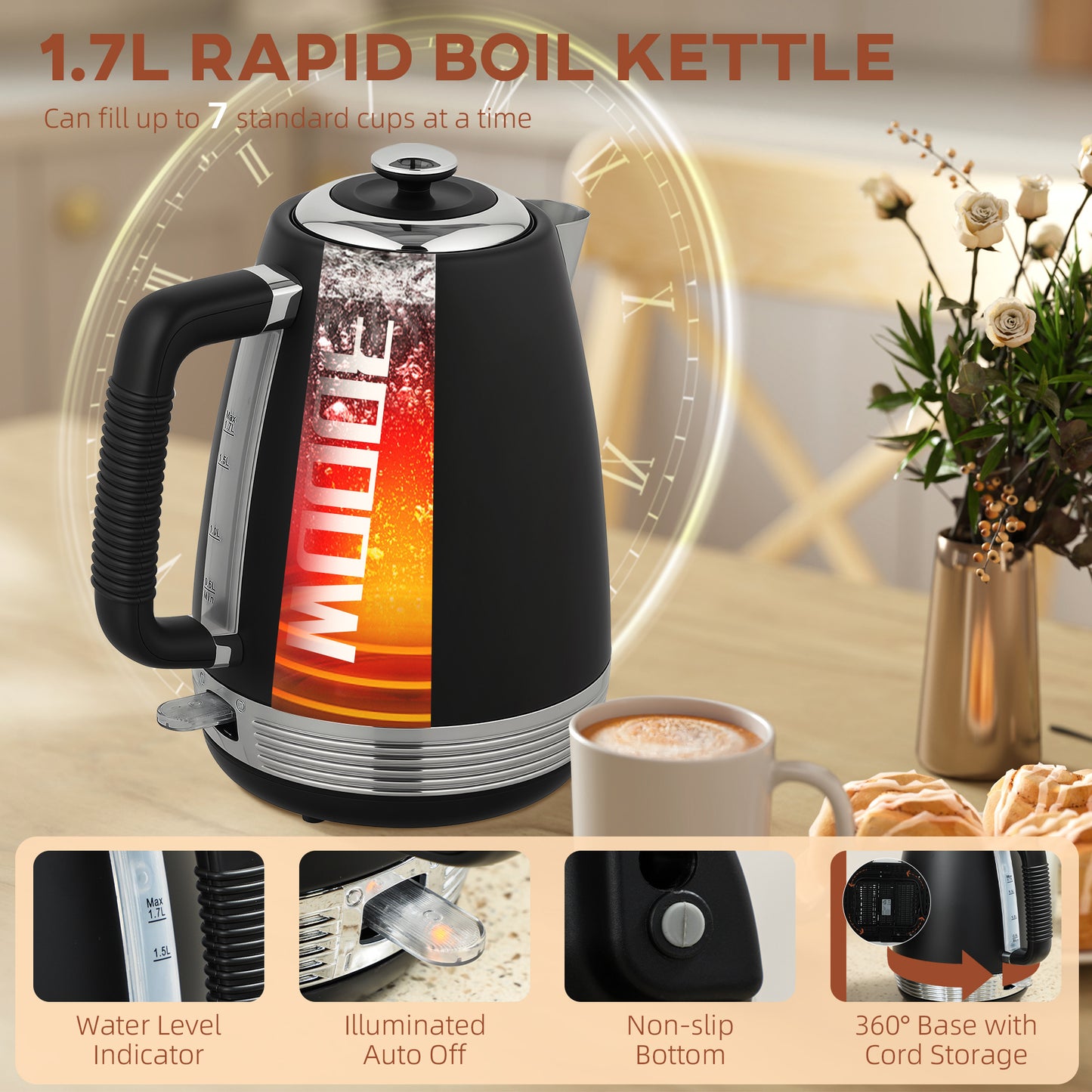 HOMCOM Stainless Steel Panel Kettle and Toaster Set - Black
