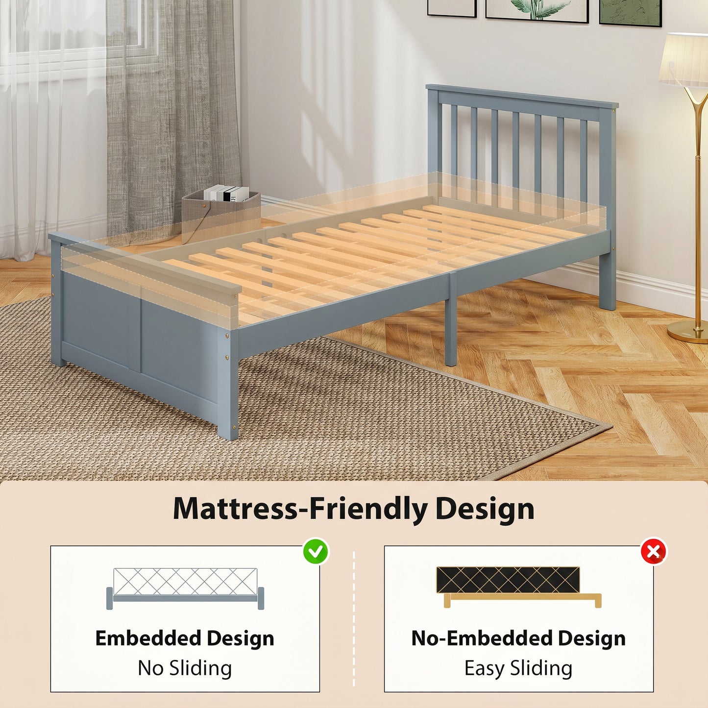 HOMCOM Pine Storage Bed, 3ft Single Solid Wooden Bed Frame with Drawers, Headboard, Wood Slat Support, Grey