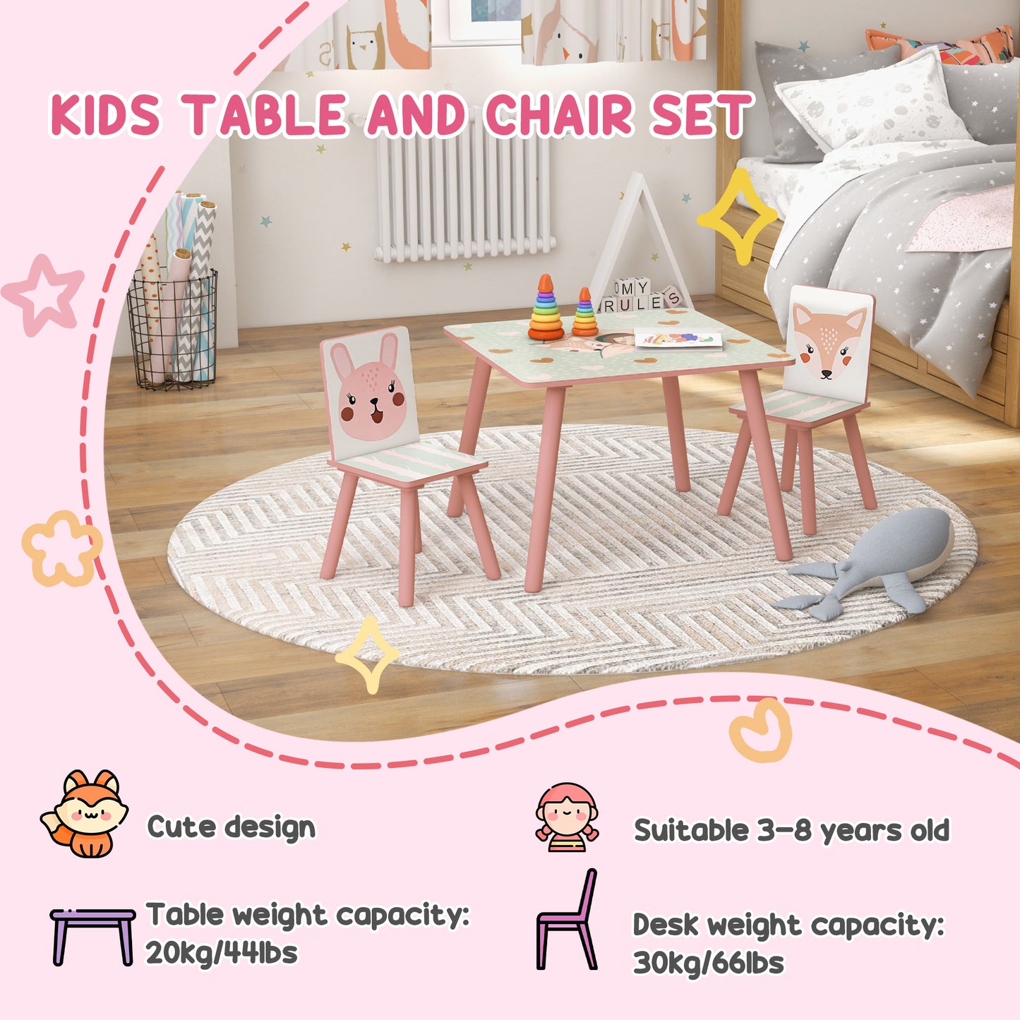 ZONEKIZ Kids and Table Chairs, Children Desk with Two Chairs, Toddler Furniture Set, for Ages 3-6 Years - Pink--ChewyGames-ChewyGames