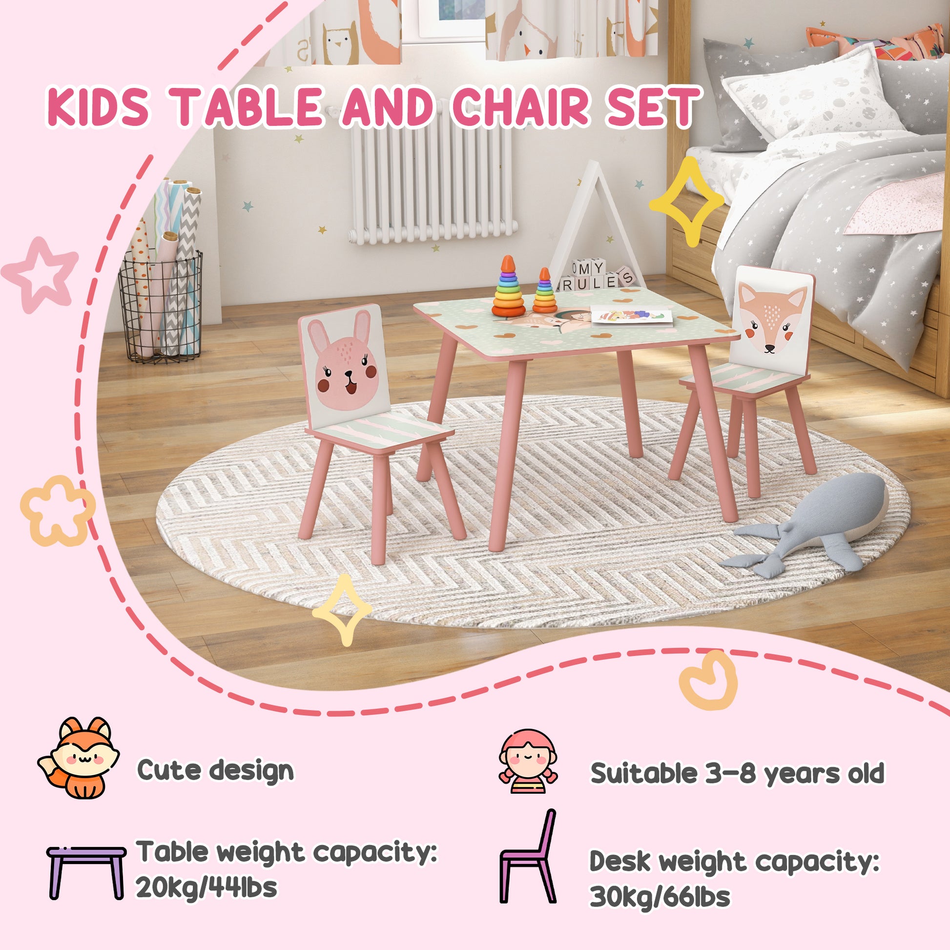 ZONEKIZ Kids and Table Chairs, Children Desk with Two Chairs, Toddler Furniture Set, for Ages 3-6 Years - Pink--ChewyGames-ChewyGames