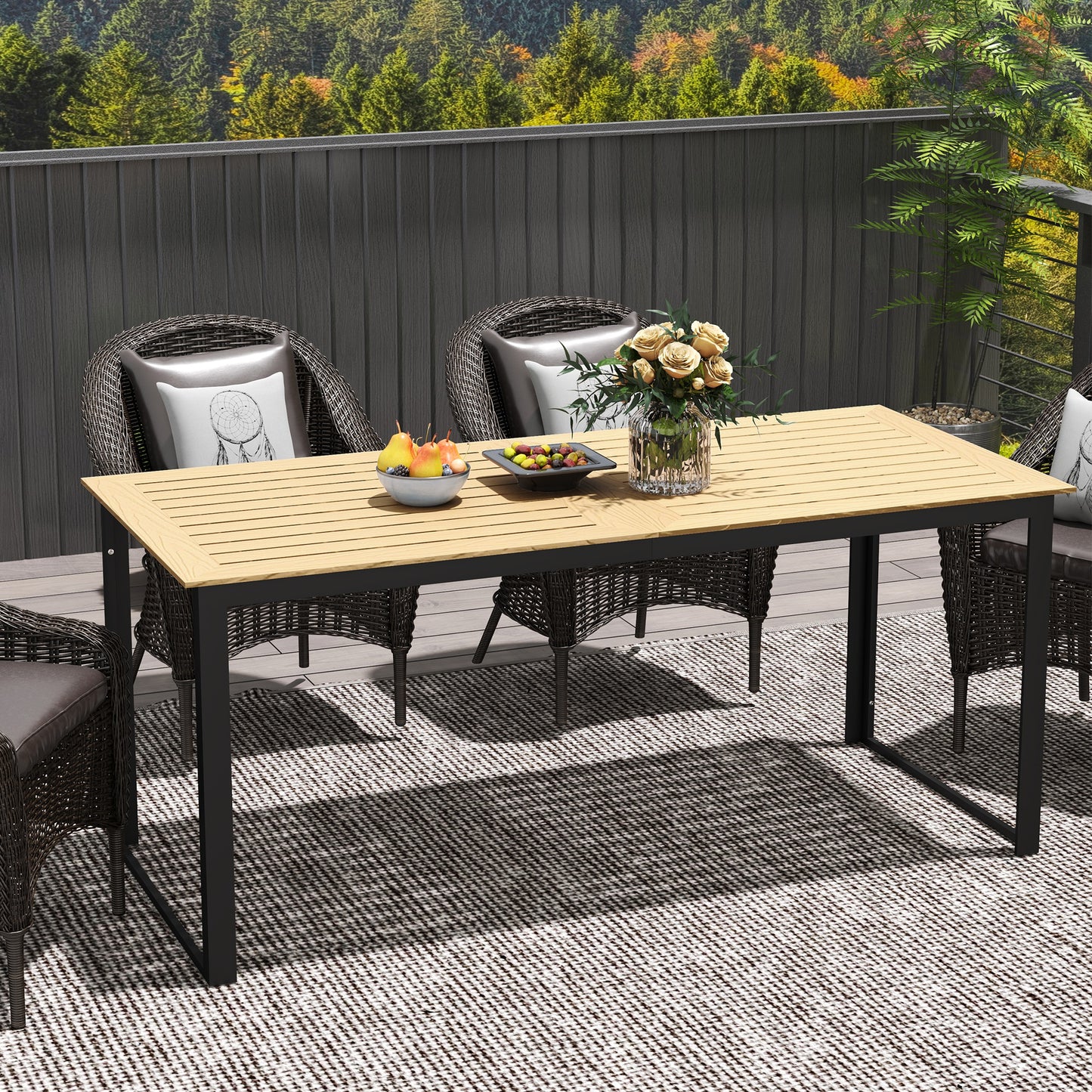 Outsunny Garden Table for 6 People, 175 x 78 x 75 cm Rectangle Outdoor Dining Table with Slatted Top, Metal Frame, for Balcony, Deck, Teak