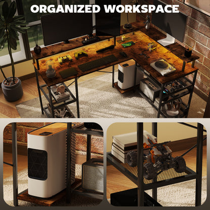 HOMCOM LED Light 'L' Computer Desk, with Shelves - Brown