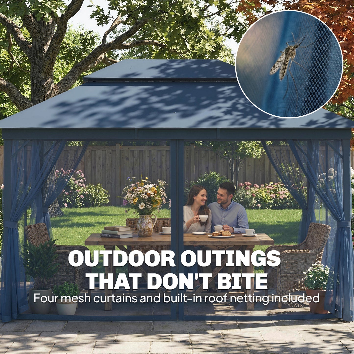 Outsunny 3 x 4 m Outdoor Garden Gazebo with Netting and Curtains, UPF50+ Patio Gazebo Permanent Pavilion Canopy, Dark Blue