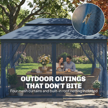 Outsunny 3 x 4 m Outdoor Garden Gazebo with Netting and Curtains, UPF50+ Patio Gazebo Permanent Pavilion Canopy, Dark Blue