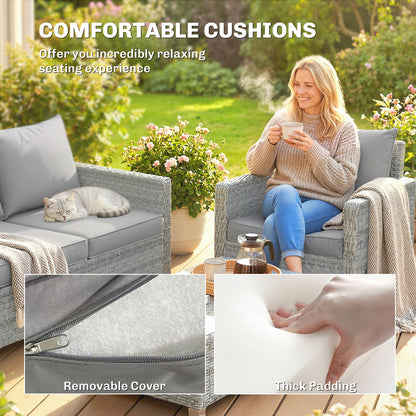 Outsunny 4 Piece Rattan Garden Furniture Set with Loveseat, 2 Armchairs, Glass-Top Table, Wicker Patio Conversation Set, Grey