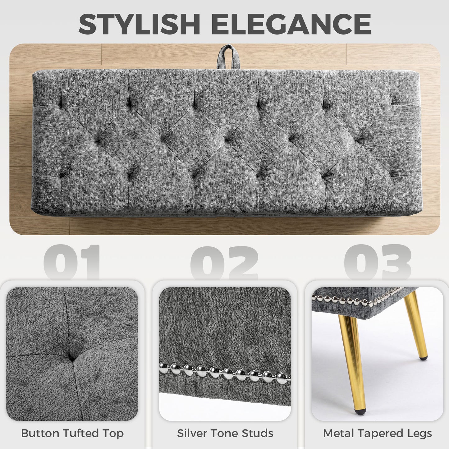 HOMCOM Storage Ottoman, Chenille Upholstered Ottoman Storage Box with Padded Seat, Metal Legs, 114 x 41 x 45 cm, Grey