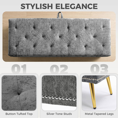 HOMCOM Storage Ottoman, Chenille Upholstered Ottoman Storage Box with Padded Seat, Metal Legs, 114 x 41 x 45 cm, Grey