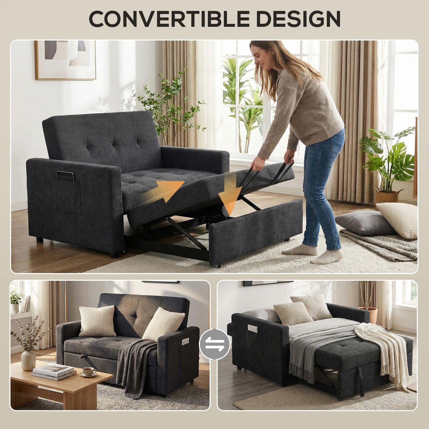 HOMCOM Loveseat Sofa Bed, Convertible Bed Settee with 2 Pillows, Side Pockets, Black