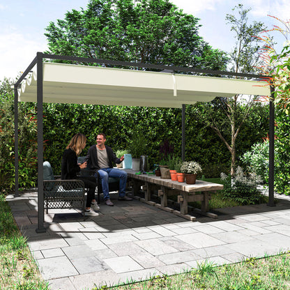 Outsunny 4 x 3(m) Metal Pergola with Retractable Roof, Garden Gazebo Canopy Shelter for Outdoor, Patio, Cream White