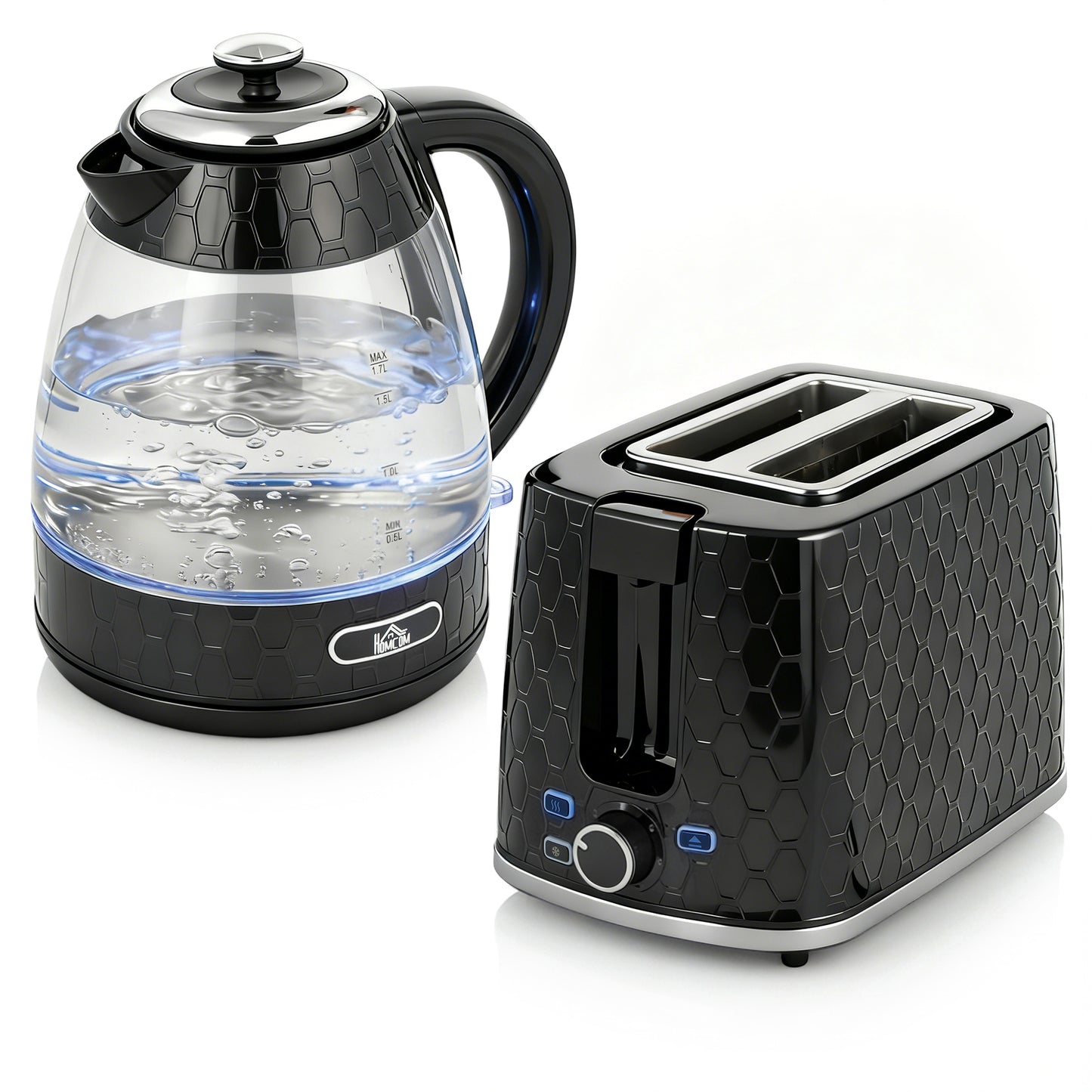 HOMCOM Kettle and Toaster Set, 1.7L 3000W Rapid Kettle with Limescale Filter, 2 Slice Toaster with 7 Browning Controls, Black