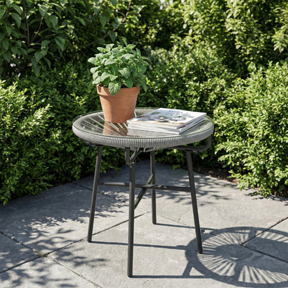 Outsunny Rattan Side Table, Round Outdoor Coffee Table, with Round PE Rattan and Tempered Glass Tabletop, Light Grey--ChewyGames-ChewyGames