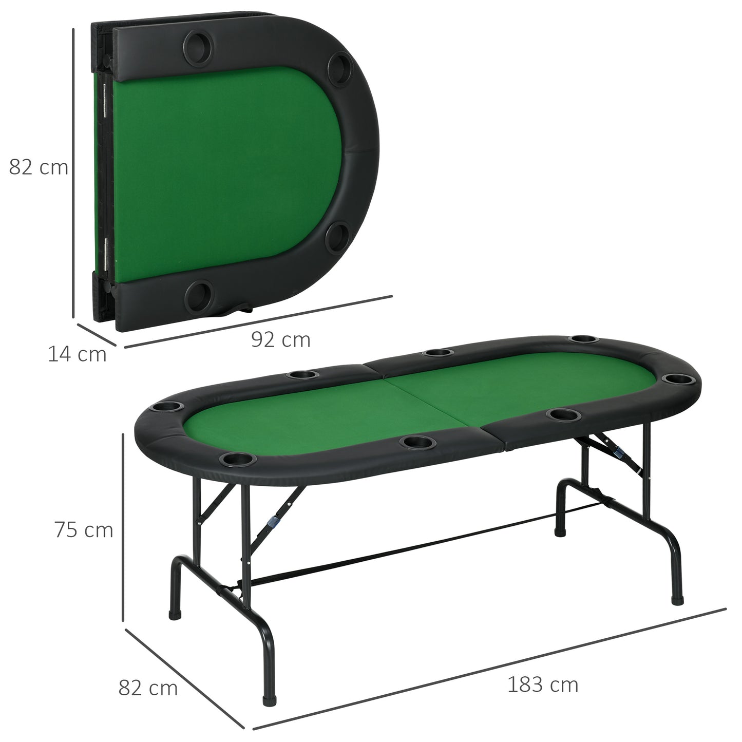 HOMCOM 8 Player Folding Poker Table, Oval Portable Blackjack Casino Table with Cup Holder, Felt Top and Metal Base, 183 x 82 x 75cm, Green and Black-Indoor Games-ChewyGames-ChewyGames