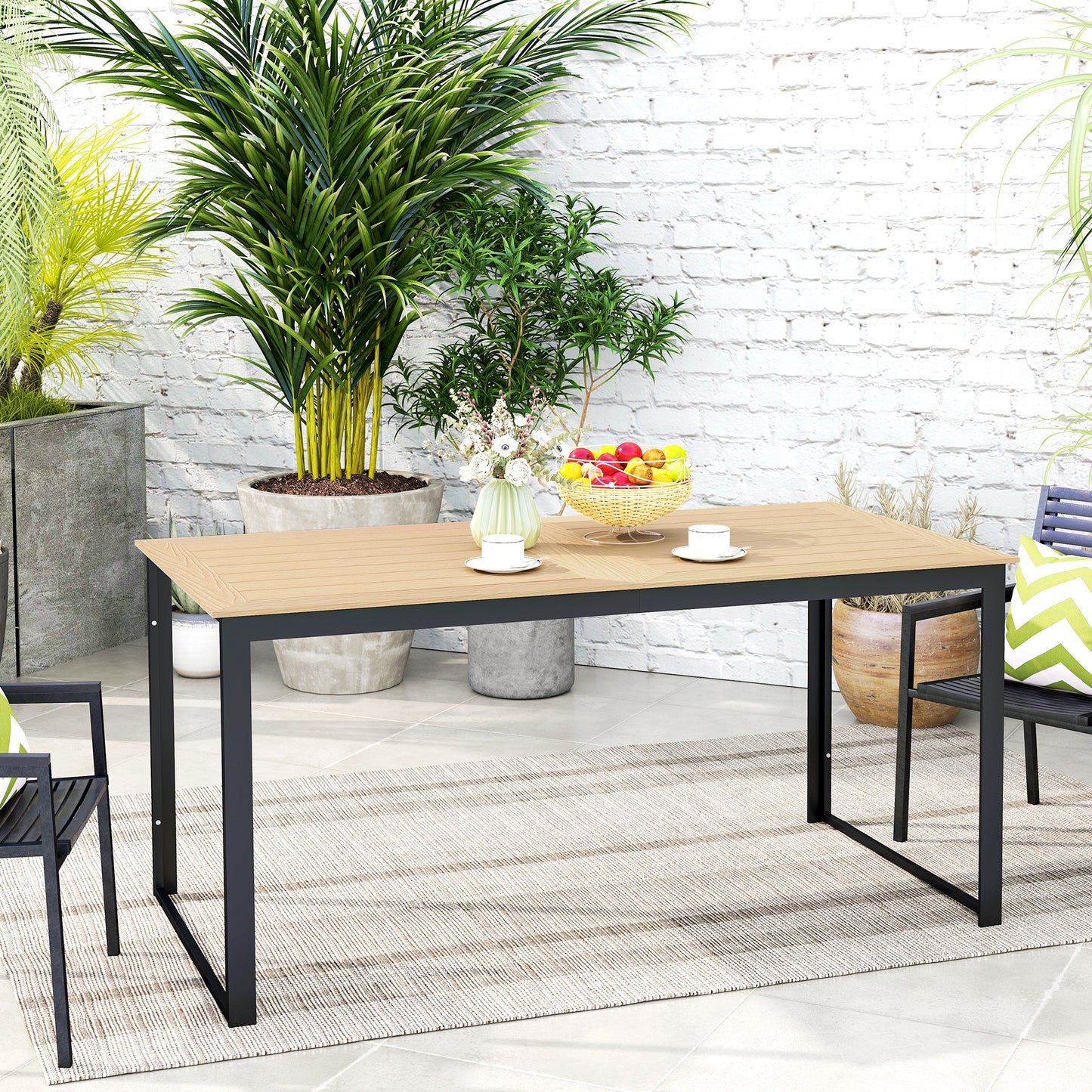 Outsunny Garden Table for 6 People, 160 x 80 x 75 cm Rectangle Outdoor Dining Table with Slatted Top, Metal Frame, for Balcony, Deck, Teak