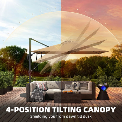 Outsunny 3 x 3 m Garden Cantilever Parasol with Light, Umbrella with Wind Protection, 360° Rotation, Khaki