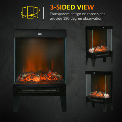 HOMCOM 180° Charming Electric Fireplace Heater, Quiet Freestanding Stove with LED Flame Effect, 3-Sided Tempered Glass Panels, Level-less Temperature Control, Overheat Protection, 1000W/2000W, Black-Indoor Fireplaces-ChewyGames-ChewyGames
