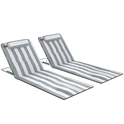 Outsunny Set of 2 Foldable Garden Beach Chair Mat Lightweight Outdoor Sun Lounger Seats Adjustable Back Metal Frame PE Fabric Head Pillow w/ Carry Bag, Light Grey
