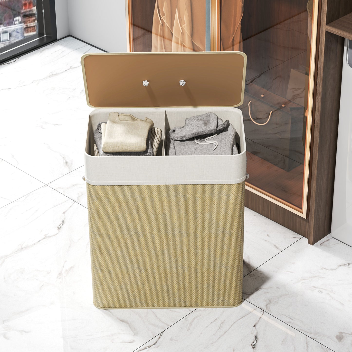 HOMCOM Double Laundry Basket with Lid, 100L Bamboo Laundry Hamper with Rope Handles, Washing Basket with Removable Liner for Bathroom, Bedroom, Cream White