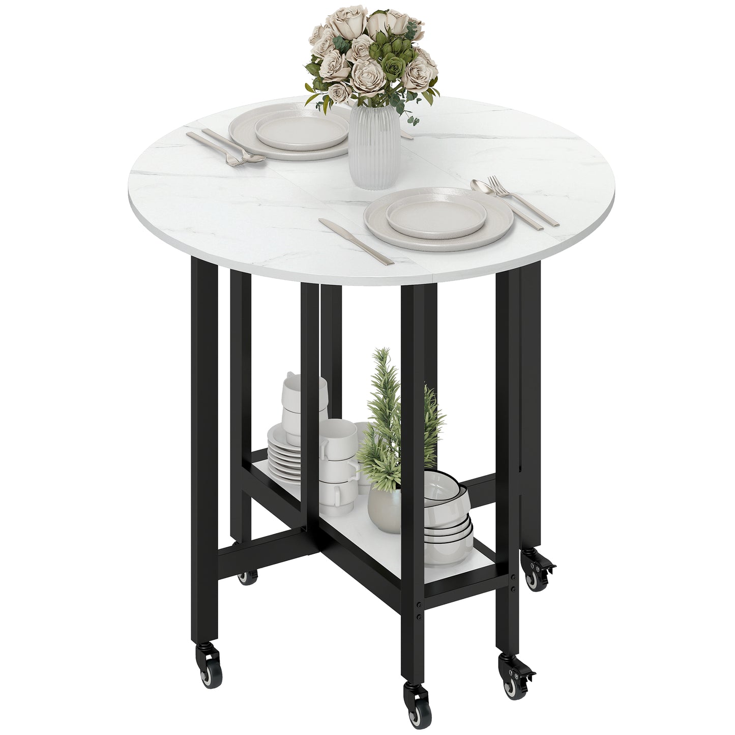 HOMCOM Folding Dining Table, Drop Leaf Table with Open Shelf, Rolling Kitchen Table for Dining Room, Small Spaces, White Marble