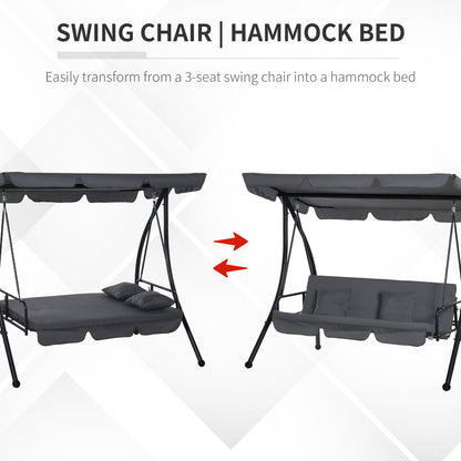 Outsunny Outdoor 2-in-1 Swing Chair Lounger 3 Seater Garden Swing Seat Bed Convertible Tilt Canopy W/ Cushion, Dark Grey