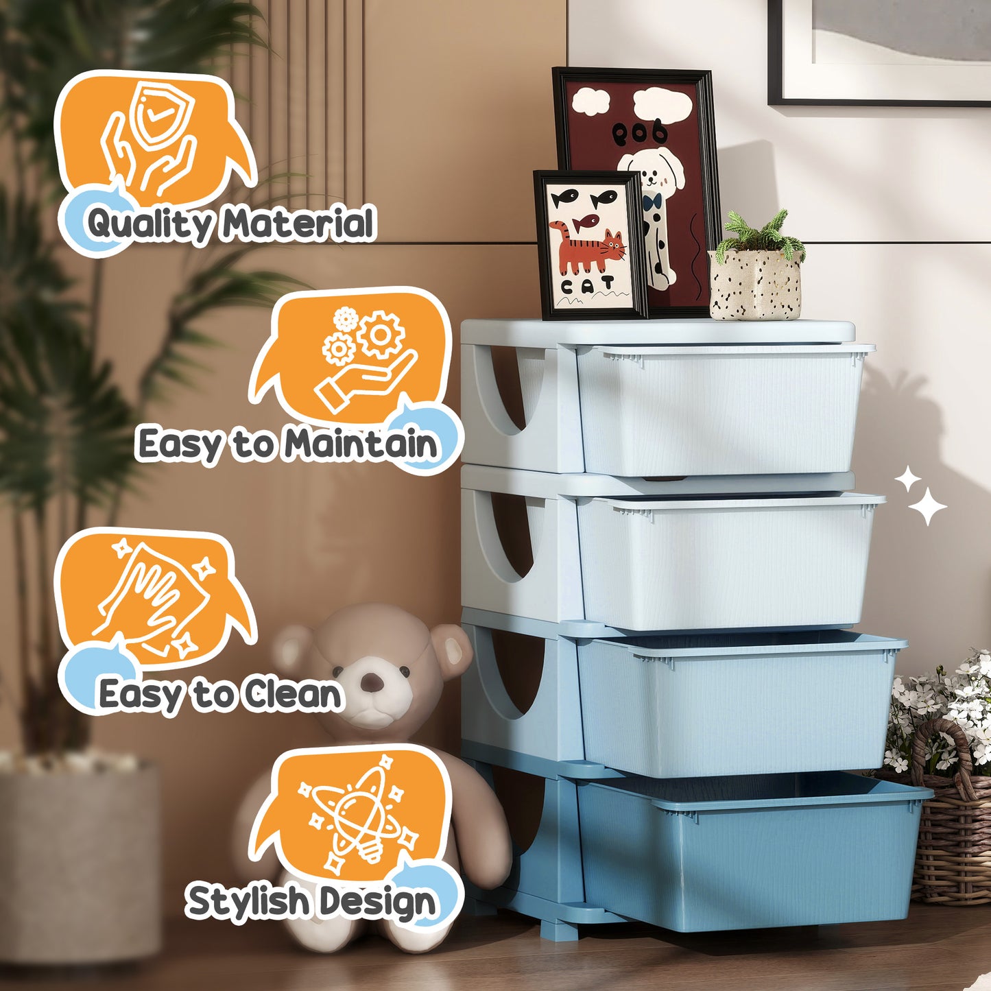 HOMCOM Four-Tier Kids Storage Boxes, with Four Drawers - Blue