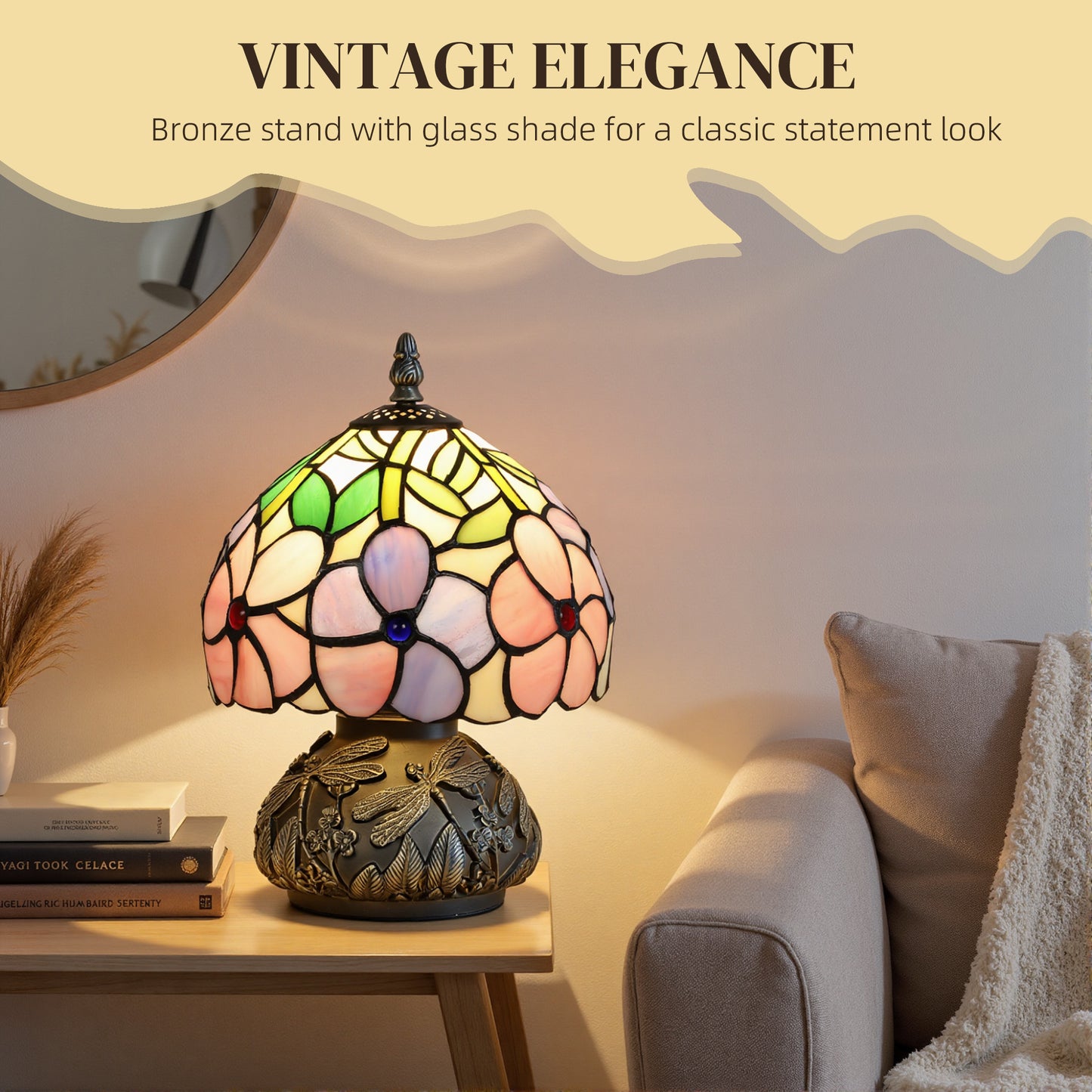 HOMCOM Tiffany-Style Table Lamp with Sculpted Dragonfly Base, Handcrafted Classic Stained Glass Bedside Lamp for Living Room and Bedroom, E27 Socket, Pink
