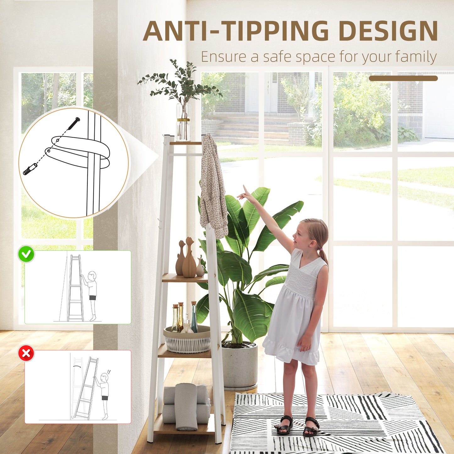 HOMCOM Compact Freestanding Coat Rack -  White/Oak