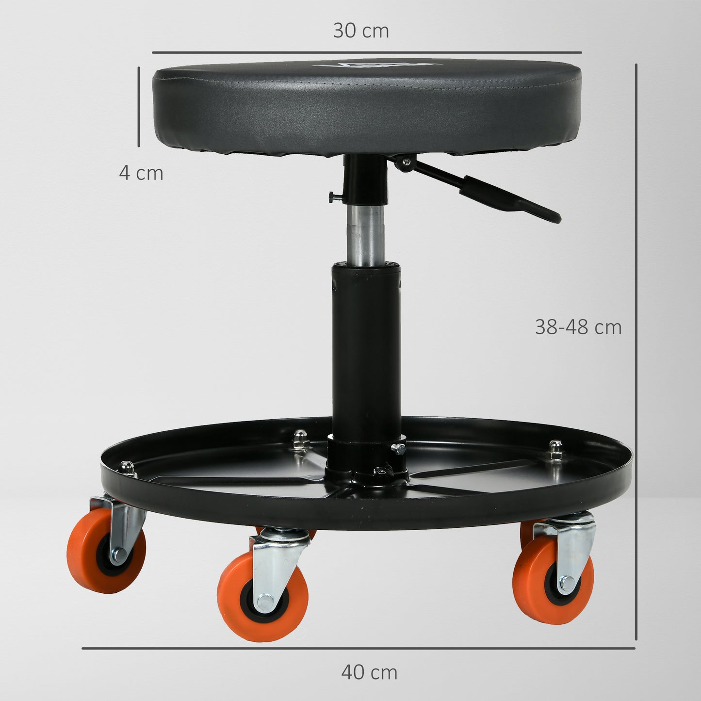 HOMCOM Rolling Mechanical Stool, Pneumatic Adjustable Workshop Stool with Tool Tray, Wheels - Black