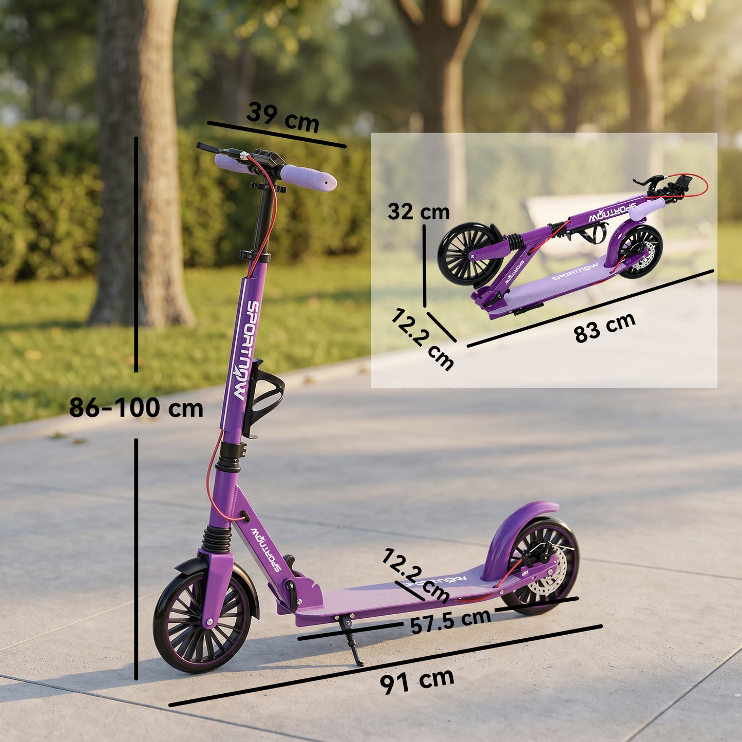 SPORTNOW Foldable Kick Scooter with Height Adjustable Handlebar, One-click Folding Adult Scooters with 200 mm Big Wheels, Purple