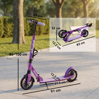 SPORTNOW Foldable Kick Scooter with Height Adjustable Handlebar, One-click Folding Adult Scooters with 200 mm Big Wheels, Purple