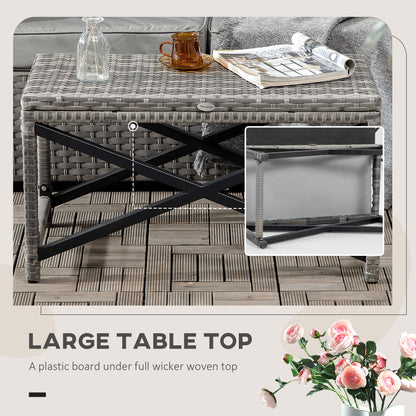 Outsunny Outdoor Coffee Table, Garden PE Rattan Side Table with Plastic Board Under the Full Woven Table Top and X-Shaped Frame for Patio, Balcony, Mixed Grey