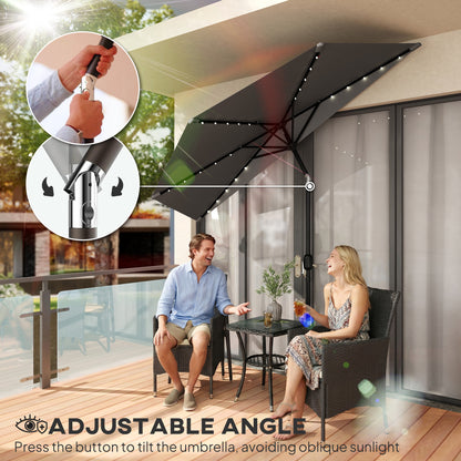 Outsunny 2.6 m Half Garden Parasol with Solar LED Lights, UPF50+ Semi Round Umbrella with 30° Tilt, Crank Handle, Dark Grey