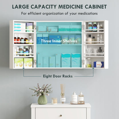 HOMCOM Wall Mount Medicine Cabinet with Key Lock, 3 Tier First Aid Cabinet with 2 Doors and 11 Storage Compartments, White