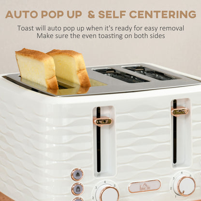 HOMCOM Kettle and Toaster Sets, 3000W 1.7L Rapid Boil Kettle & 4 Slice Toaster with 7 Browning Controls, Defrost, Reheat and Crumb Tray, UK Otter thermostat, Cream White