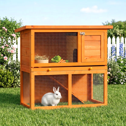 PawHut Two-Tier Rabbit Hutch, Wooden Outdoor Pet Cage, with Opening Top