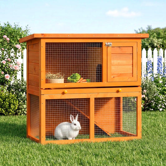 PawHut Two-Tier Rabbit Hutch, Wooden Outdoor Pet Cage, with Opening Top
