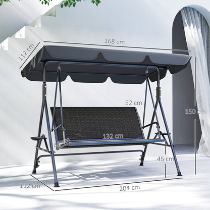 Outsunny 3 Seater Swing Chair, Garden Swing Seat Bench with Adjustable Canopy, Rattan Seat and Steel Frame for Patio, Yard, Grey