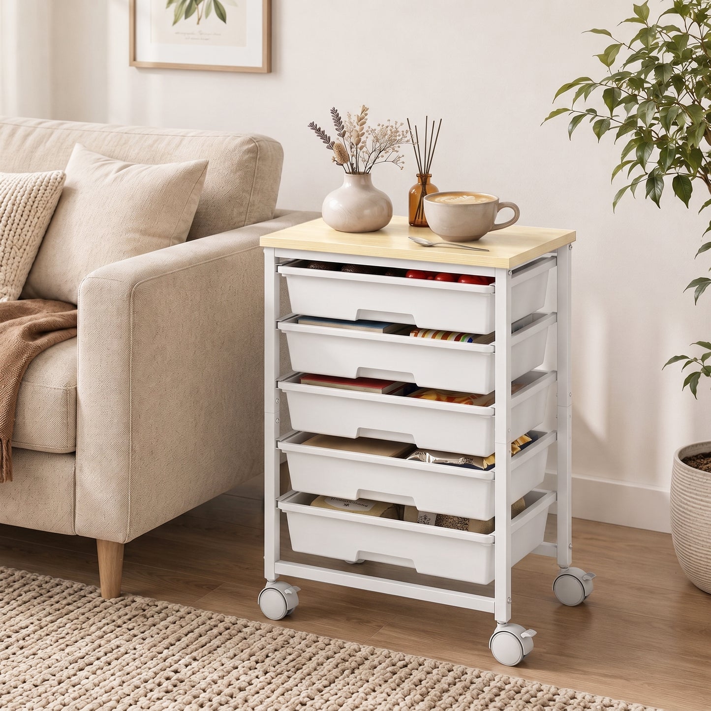HOMCOM 6-Tier Storage Trolley on Wheels, Metal Kitchen Rolling Cart with 5 Pull-Out Drawers, White