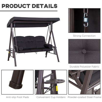Outsunny 3 Seater Swing Chair Hammock Chair with Adjustable Canopy, Black