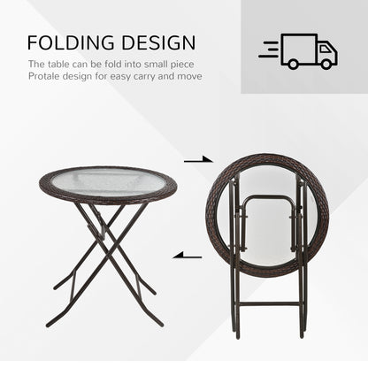 Outsunny Folding Rattan Garden Dining Table, 68 cm Round Rattan Garden Table with Water Ripple Tempered Glass Top, Wicker Edging  and Steel Frame for Outdoor, Patio, Brown